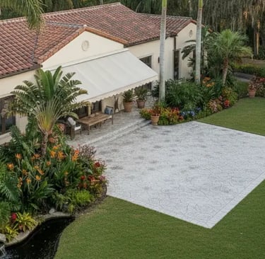 Stamped Concrete patio with tropical landscaping in Coral Gables home outdoor space