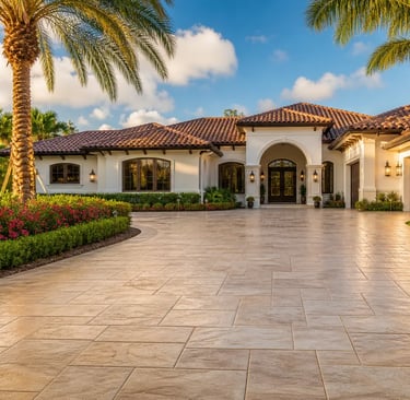 Freshly stamped concrete driveway at a residential home in Coral Gables, FL with lush tropical landscaping