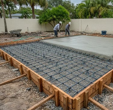 Reinforced concrete pad pour in Coral Gables with rebar grid and gravel base