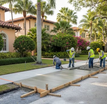 construction crew in high-visibility vests working on a new residential sidewalk in Coral Gables, Florida