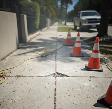 Sidewalk trip-hazard repair in progress on a weathered Coral Gables walkway with cones and grinding equipment.