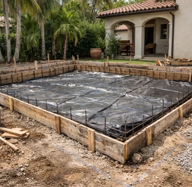 Coral Gables slab foundation prep for a home addition with excavated base, rebar, and worn formwork.