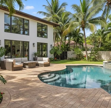 a modern Coral Gables, FL home with a decorative stamped concrete patio and pool