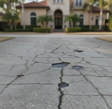Worn concrete driveway showing visible cracks, surface wear, small potholes, and discoloration.