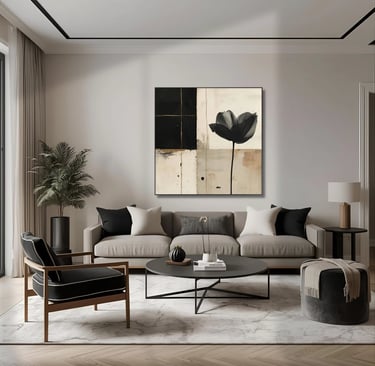 stylish living room with a couch and a table and minimalist abstract art