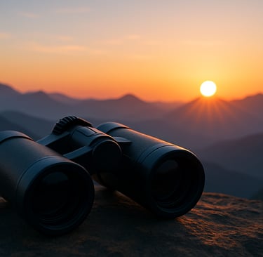 a pair of binoculars with the sun setting in the back representing new endeavors 