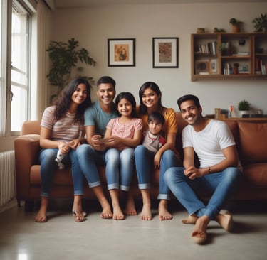 A satisfied family enjoying their new home in a vibrant community setting.