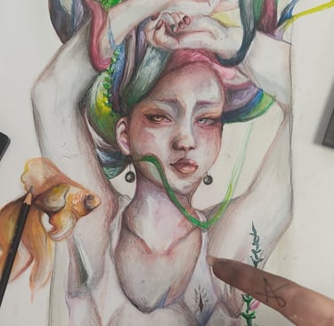 Original watercolour painting by the artist Angelina.N ArtNess. Watercolour with mixed media. Neon mermaid drawing. ArtNess