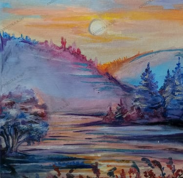 Original oil painting with Mixed media. beautiful sunset drawing by the artist Angelina.N ArtNess.
