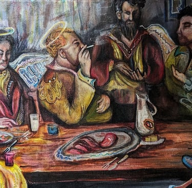 Original painting Dinner inspired from tohra. Mixed Media on canvas. Human angels. Art by Angelina.N ArtNess. Young Artist. 