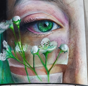 Original Pinterest drawing. Green eye with flowers. Mixed Media drawing. Realistic green eye. Art by Angelina.N ArtNess