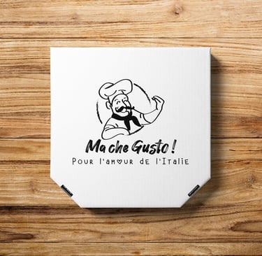 Boîte à pizza personnalisée avec logo Mache Gusto, design par Marion Guizzardi, directrice artistique, Montpellier.