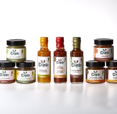Étiquettes personnalisées pour sauces et tartinables Ti' Capsi, par Marion Guizzardi, directrice artistique, Montpellier