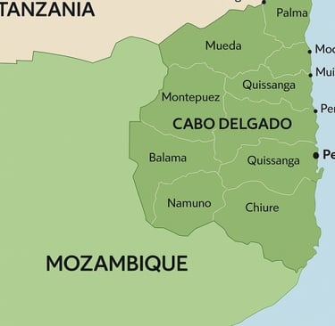 Map of Cabo Delgado, Mozambique, highlighting the insurgency region near the Tanzania border