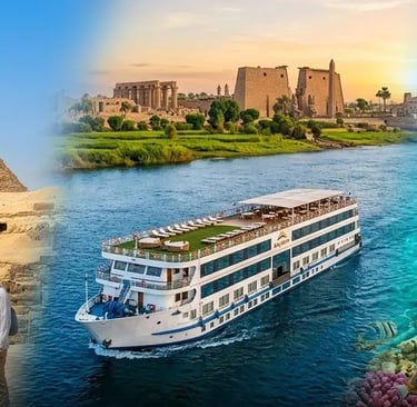 Navio de cruzeiro de luxo navegando pelo Rio Nilo entre as cidades de Luxor e Aswan.