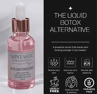 Skintastic 20% Argireline face serum bottle next to a list of anti-aging skincare benefits.