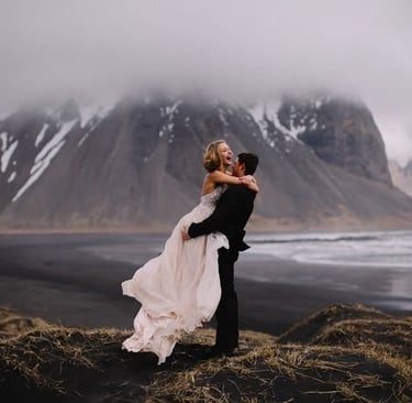 bride and groom Iceland black sand beach wedding
