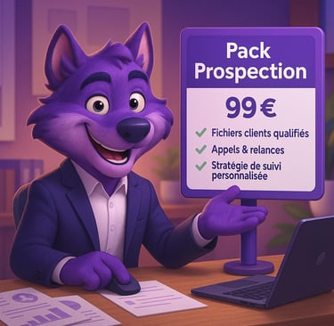 Illustration du Pack Prospection Alpha Digital avec loup en costume, fichiers clients qualifiés et s