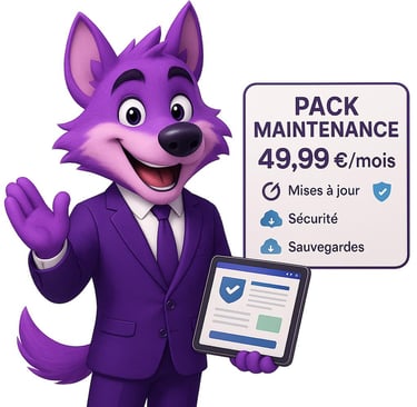 Mascotte Alpha Digital présentant le Pack Maintenance à 49,99 € avec mises à jour et sauvegardes
