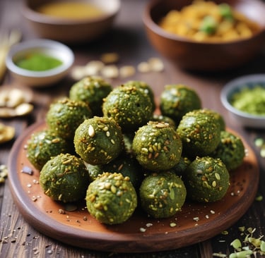 Close-up of Green moong dal ladoos with a sprinkle of pistachios on a rustic wooden plate