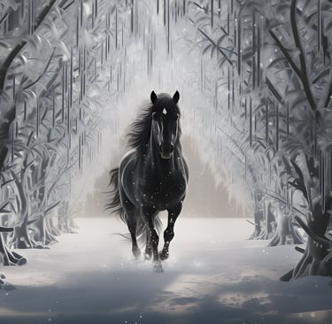 Black horse running through the snow