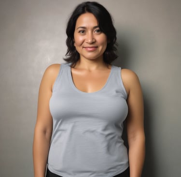 A happy Mexican woman stretching in her living room, with natural light coming through the window.