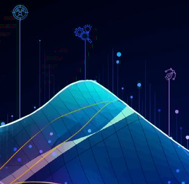 Abstract digital data visualization banner with glowing AI waves and tech icons.
