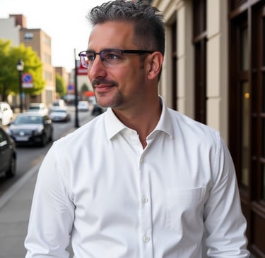 Yann PLANQUETTE portant des lunettes et une chemise blanche se tient dans une rue de Besançon.