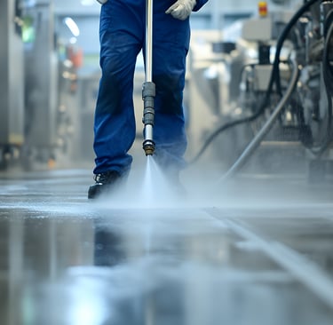 Un expert utilise un nettoyeur vapeur haute pression sur le sol d'une usine
