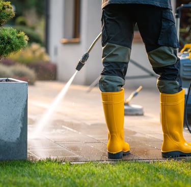 Un expert portant des bottes jaunes utilise un nettoyeur HP pour nettoyer une terrasse en pierre.