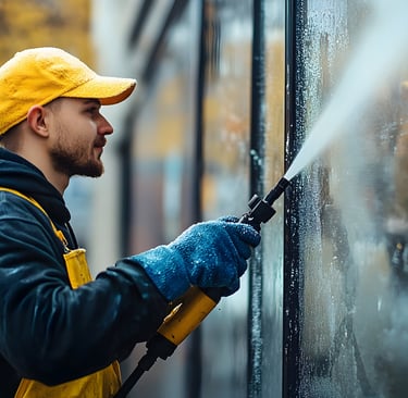 Décapage haute pression d'une façade d'un entrepôt