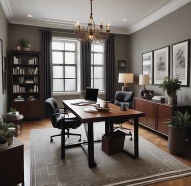 A sleek, modern office desk with a laptop, notebook, and a cup of coffee, bathed in soft natural light.
