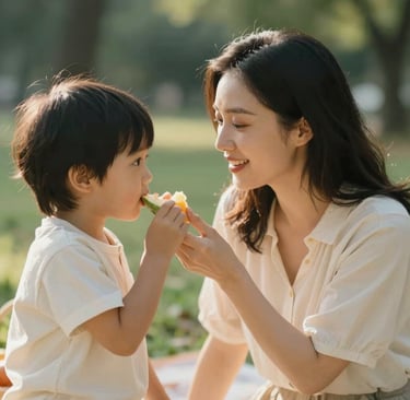 An intimate, close-up lifestyle photograph of a family picnic in a sun-dappled park. Focus on the genuine interaction between a mother and child sharing a piece of fruit. The lighting is soft and cinematic, with warm shadows. Accents of charcoal #3A3A3A in the accessories contrast with the creamy #E2D7C3 background.