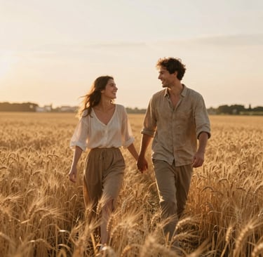 A cinematic, wide-angle shot of a young couple walking through a golden wheat field at sunset. The lighting is warm and hazy, capturing a spontaneous moment of laughter. The color palette features soft sandy #FDF8F0 highlights and warm #AD7B5B earthy tones in their linen clothing. Authentic, heartfelt mood.