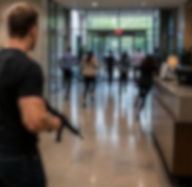 male brandishing a rifle in a business lobby as employees run out of the building
