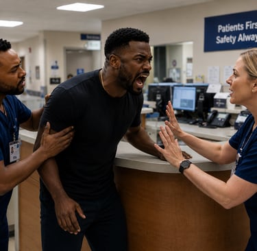 very angry patient yelling and screaming at hospital staff