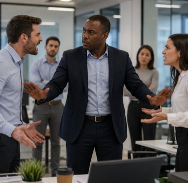 co-workers have dispute and mediator attempting to de-escalate conflict