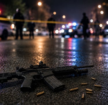 rifle and empty shell casings lying on the street at night after an active shooter incident