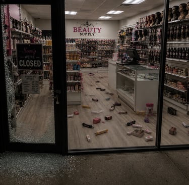 retail beauty supply with glass door broken from burglary and items stolen