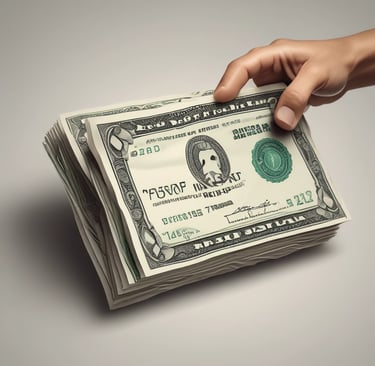 a person holding a stack of money bills