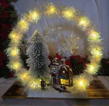 Illuminated Christmas village scene with a tinsel wreath, snowy miniature tree, and cozy light-up house.