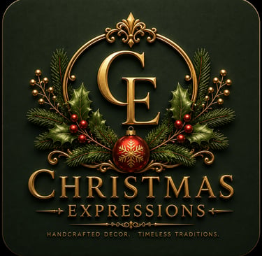 Elegant gold Christmas Expressions logo featuring holly, pine branches, and a red ornament on a dark green background.