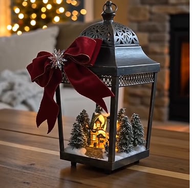Decorative Christmas lantern with miniature winter village scene and red velvet bow on a wooden table.
