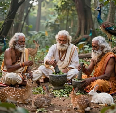 A vibrant assortment of fresh Indian medicinal herbs arranged on a rustic wooden table, showcasing their natural textures and colors.