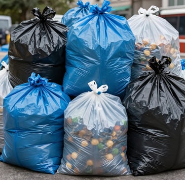 Brightly colored plastic bags arranged to show different thickness and durability options
