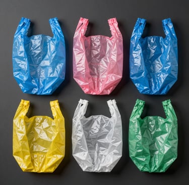 Stack of neatly rolled plastic bags ready for shipment with a blue and red color theme