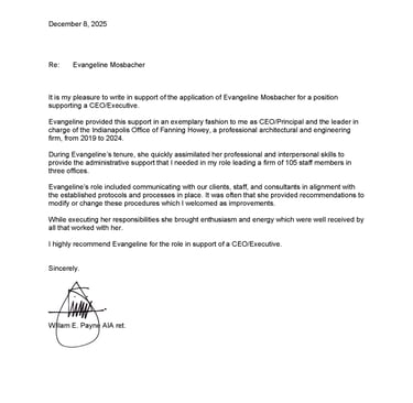 An image showing a letter of recommendation from William E. Payne, AIA ret. in support of Evangeline