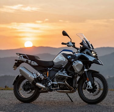 A sleek motorcycle parked on a winding mountain road at sunset, with a gourmet meal set up nearby.