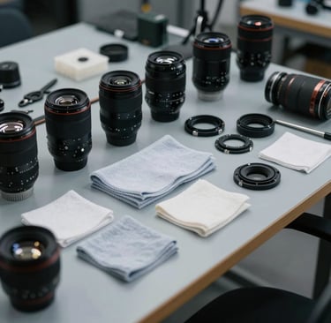 A wide shot of an organized camera service workbench in a North American workshop. Technical tools, micro-fiber cloths, and disassembled lens components are arranged neatly. The scene uses a professional palette of medium blue-gray and light gray, with soft, focused overhead lighting.