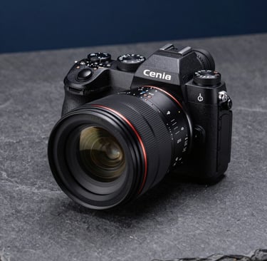 A sharp, detailed photograph of a professional mirrorless camera with a large aperture lens, resting on a charcoal gray textured surface. The lighting is dramatic yet clean, highlighting the precision dials and glass optics, set in a modern North American studio environment with cool slate and dark blue tones.